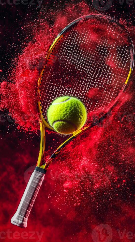 A tennis racket hitting a bright green ball surrounded by vibrant red powder on a dark background during an energetic sports event photo