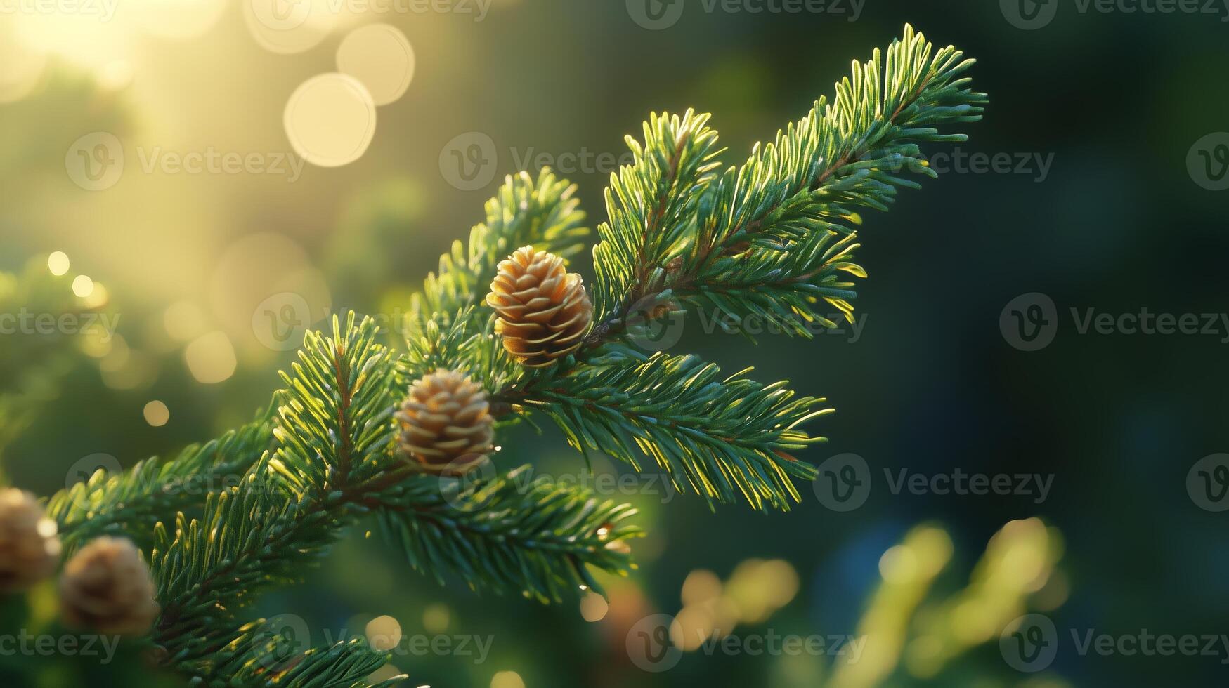 Sunlight filters through evergreen branches adorned with pine cones, creating a serene forest atmosphere during late afternoon photo