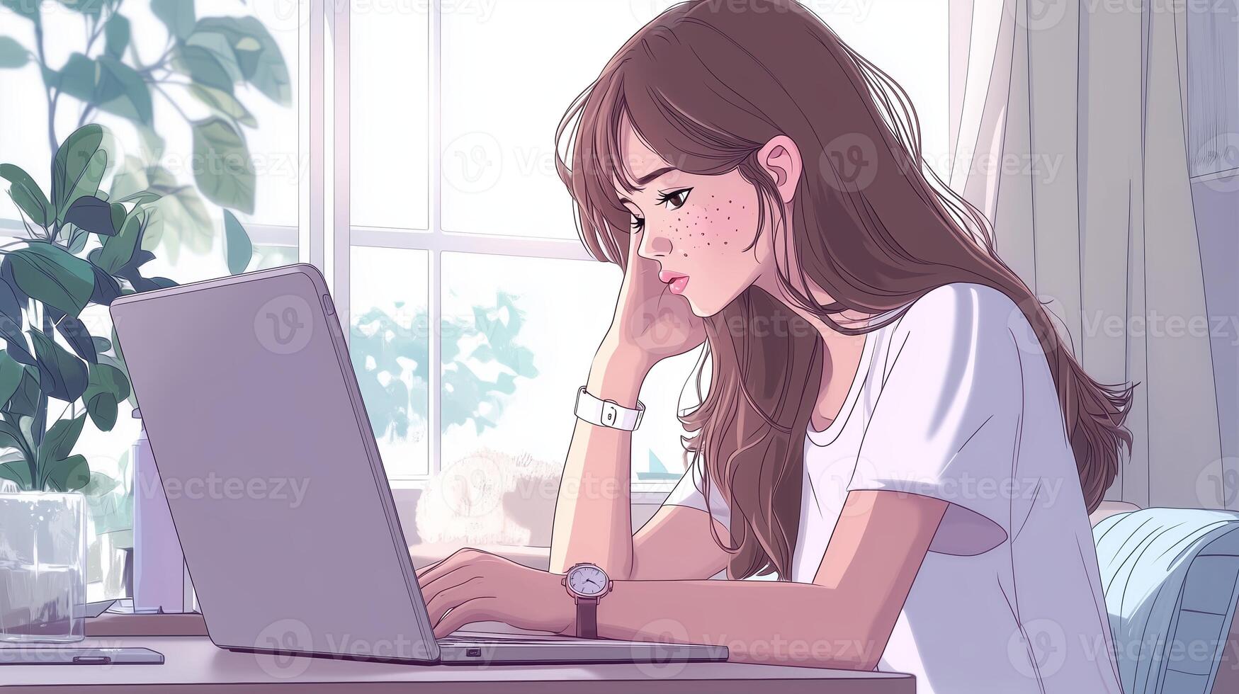 Young woman studies attentively at her laptop in a cozy room filled with natural light during the day photo