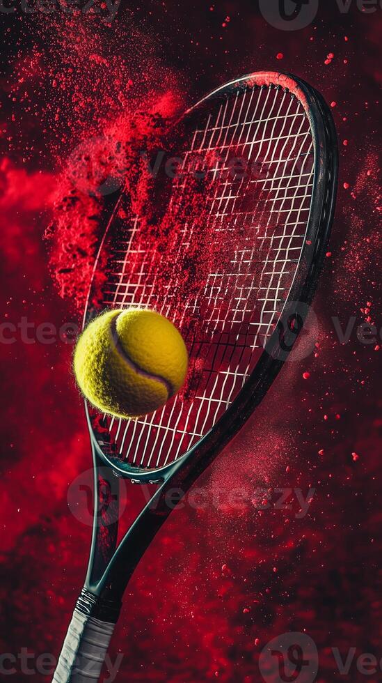 A vibrant tennis ball striking a racket surrounded by bursts of colored powder in a dynamic sports composition photo