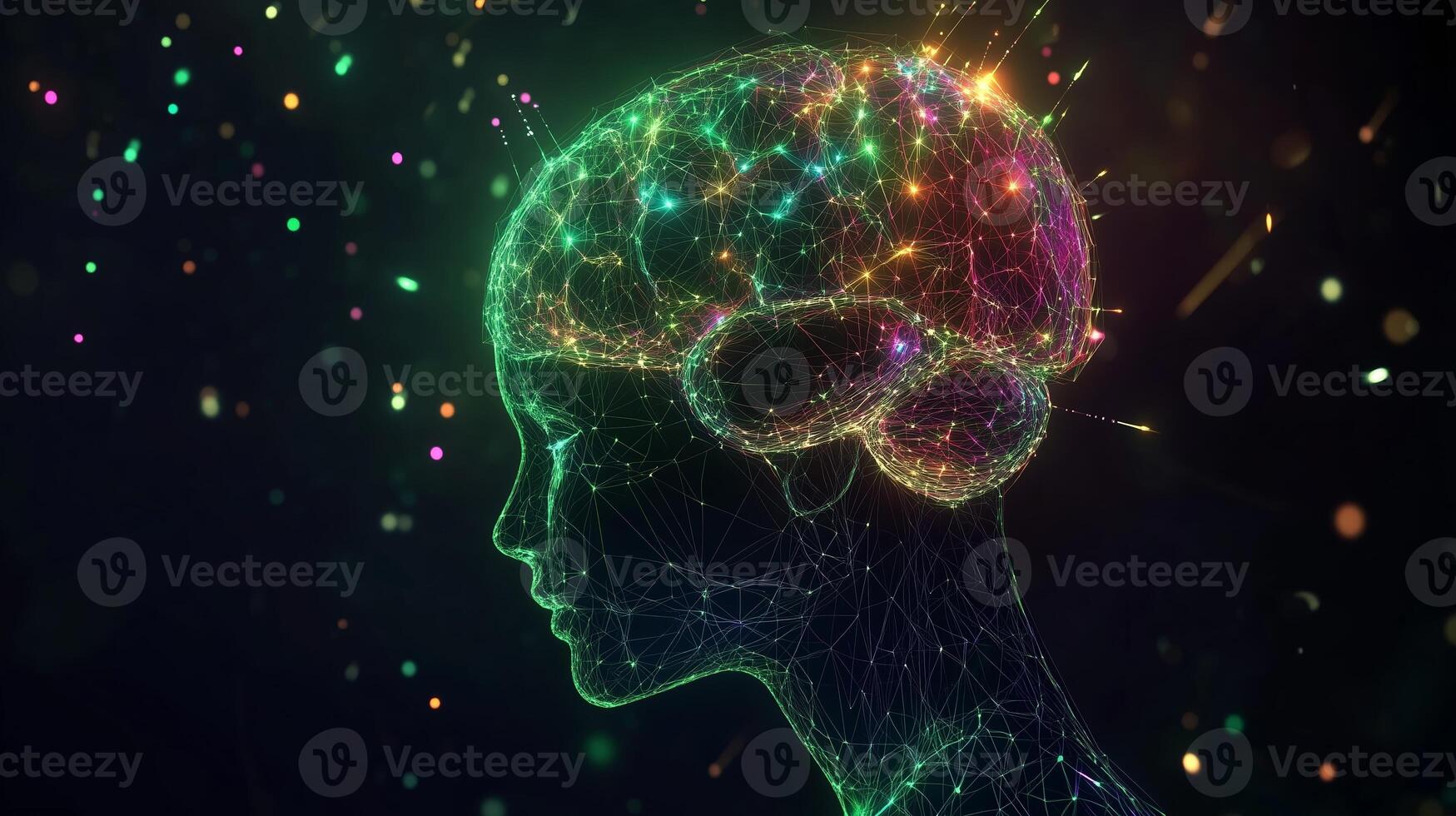 A vibrant digital representation of a human brain with colorful neural connections against a dark backdrop photo