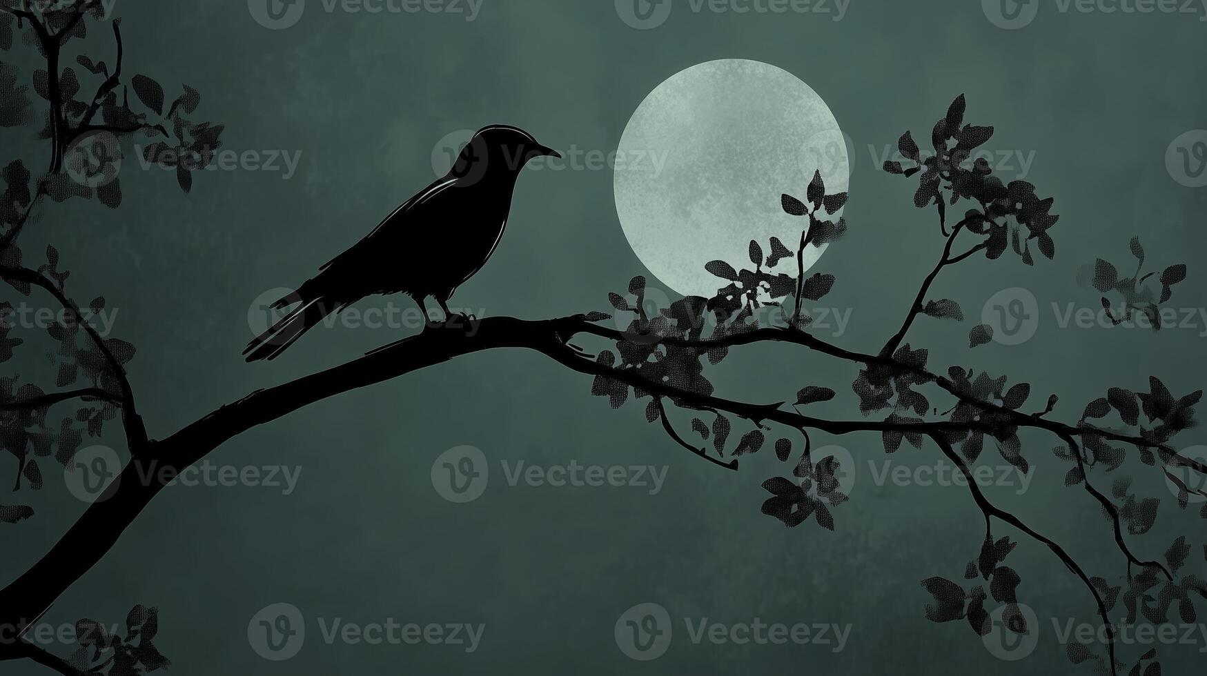 A solitary bird perches on a branch under the full moon in a tranquil night sky filled with gentle clouds photo