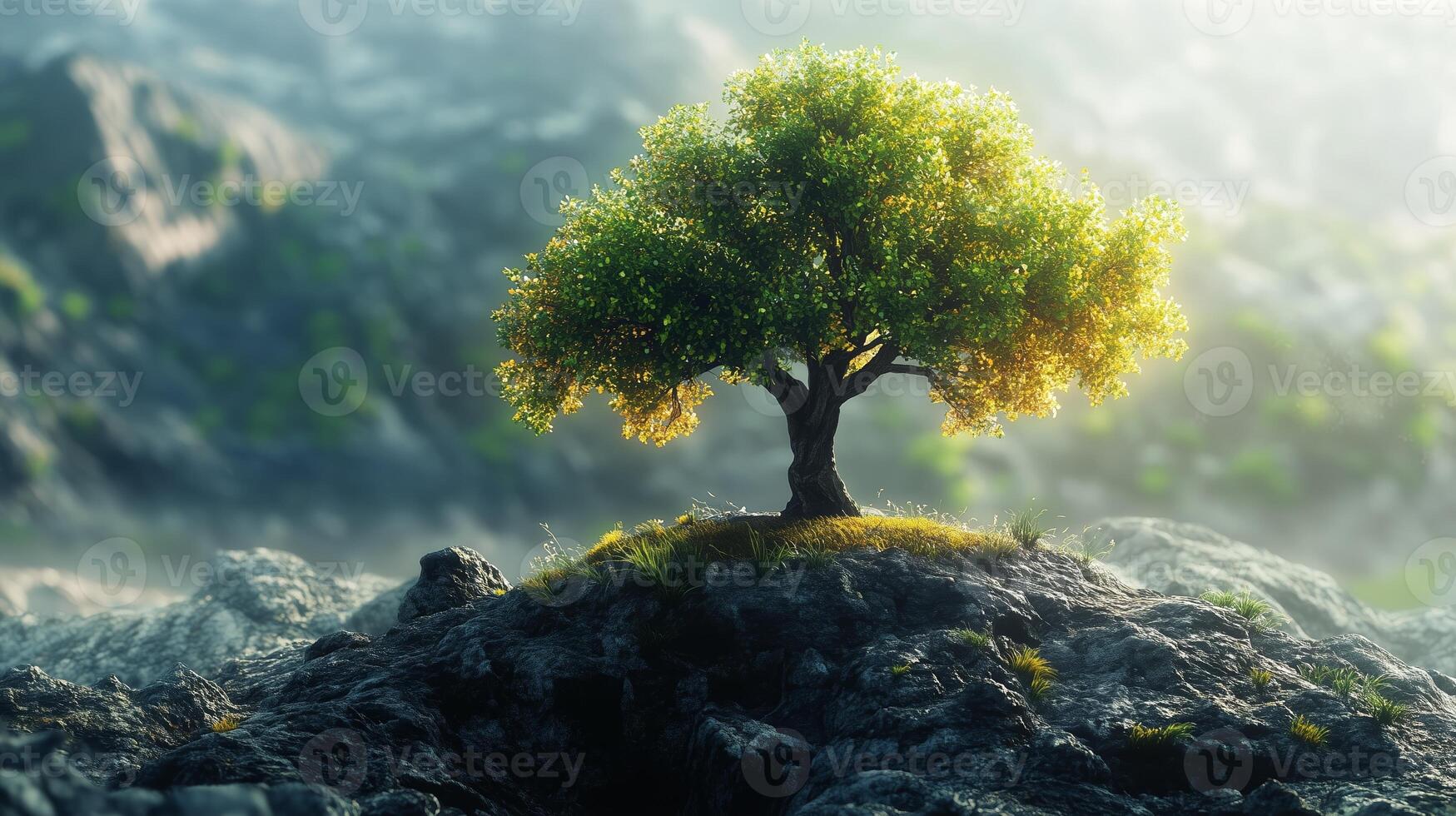 A solitary tree stands proudly atop a rocky outcrop, basking in the warm sunlight of a serene morning in an untouched landscape photo