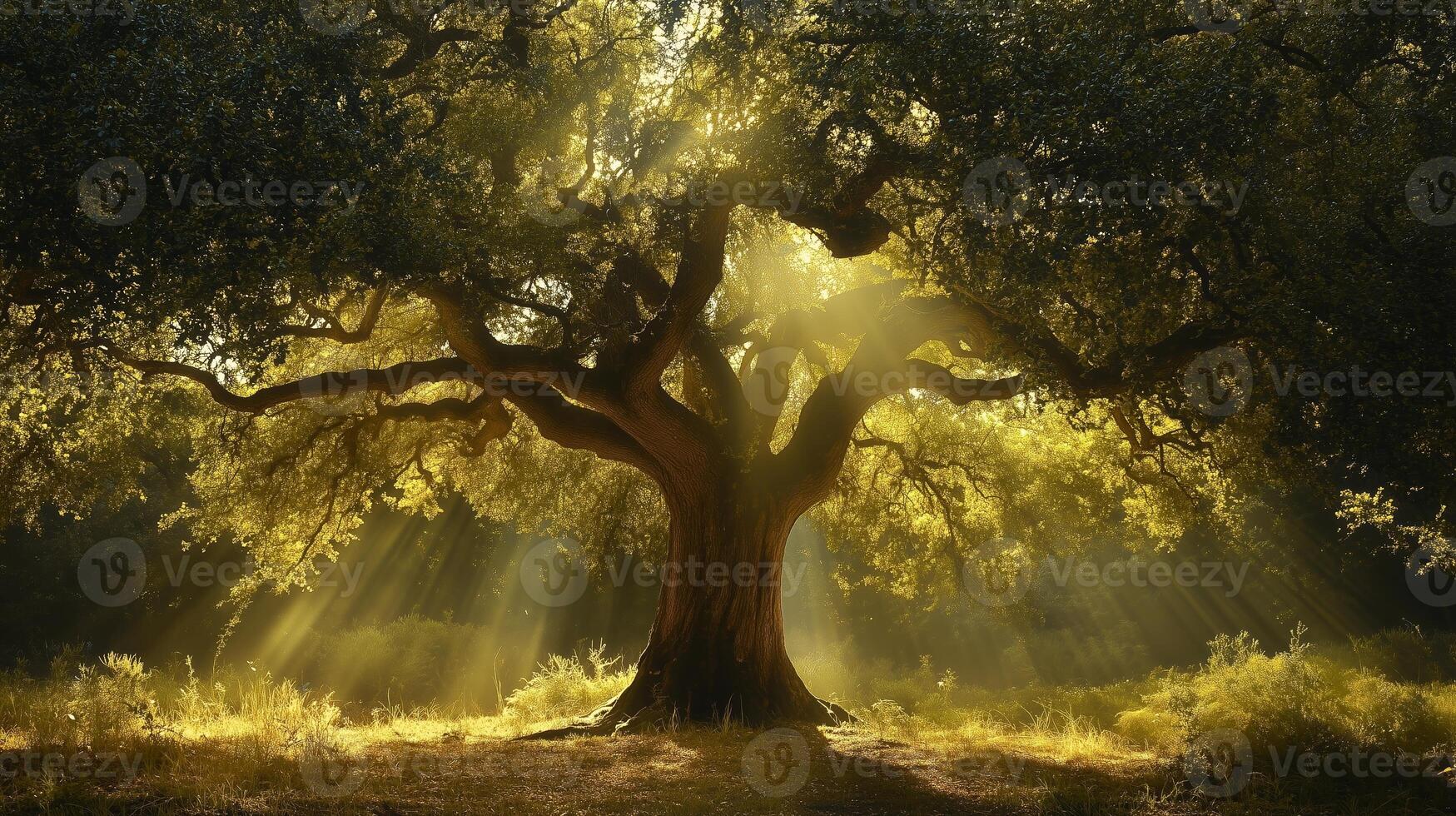 Majestic old tree bathed in golden sunlight on a serene morning in a lush green forest photo