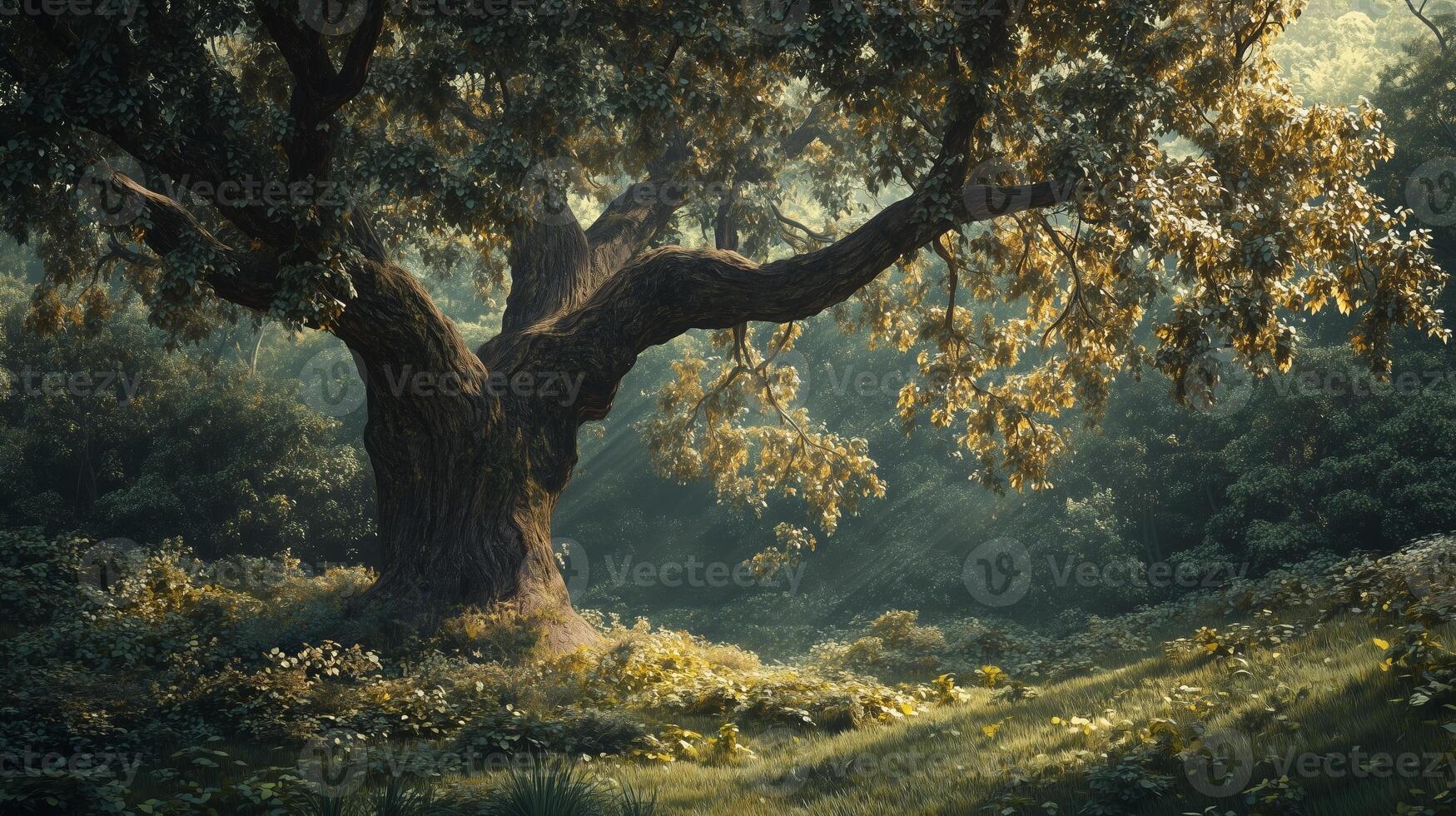 Majestic ancient oak tree in a sunlit forest glade during early morning light creating a serene natural atmosphere photo