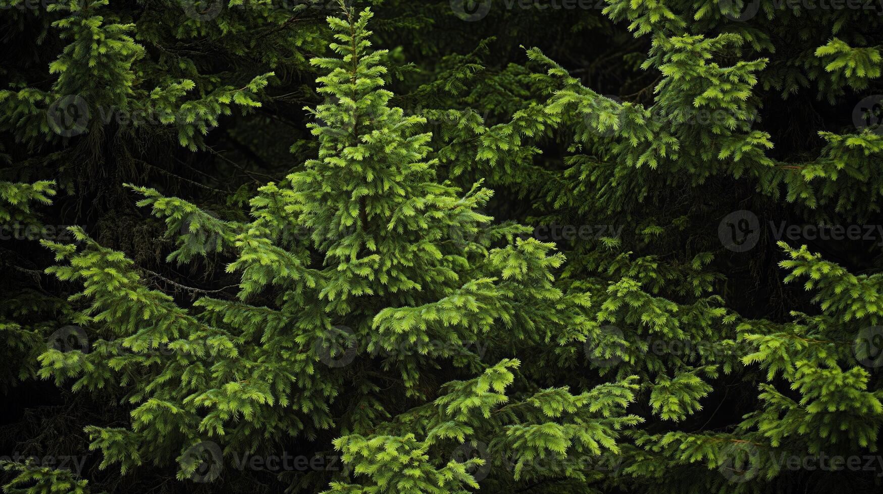 Lush green spruce trees thriving in a dense forest setting during the bright daylight of early summer photo