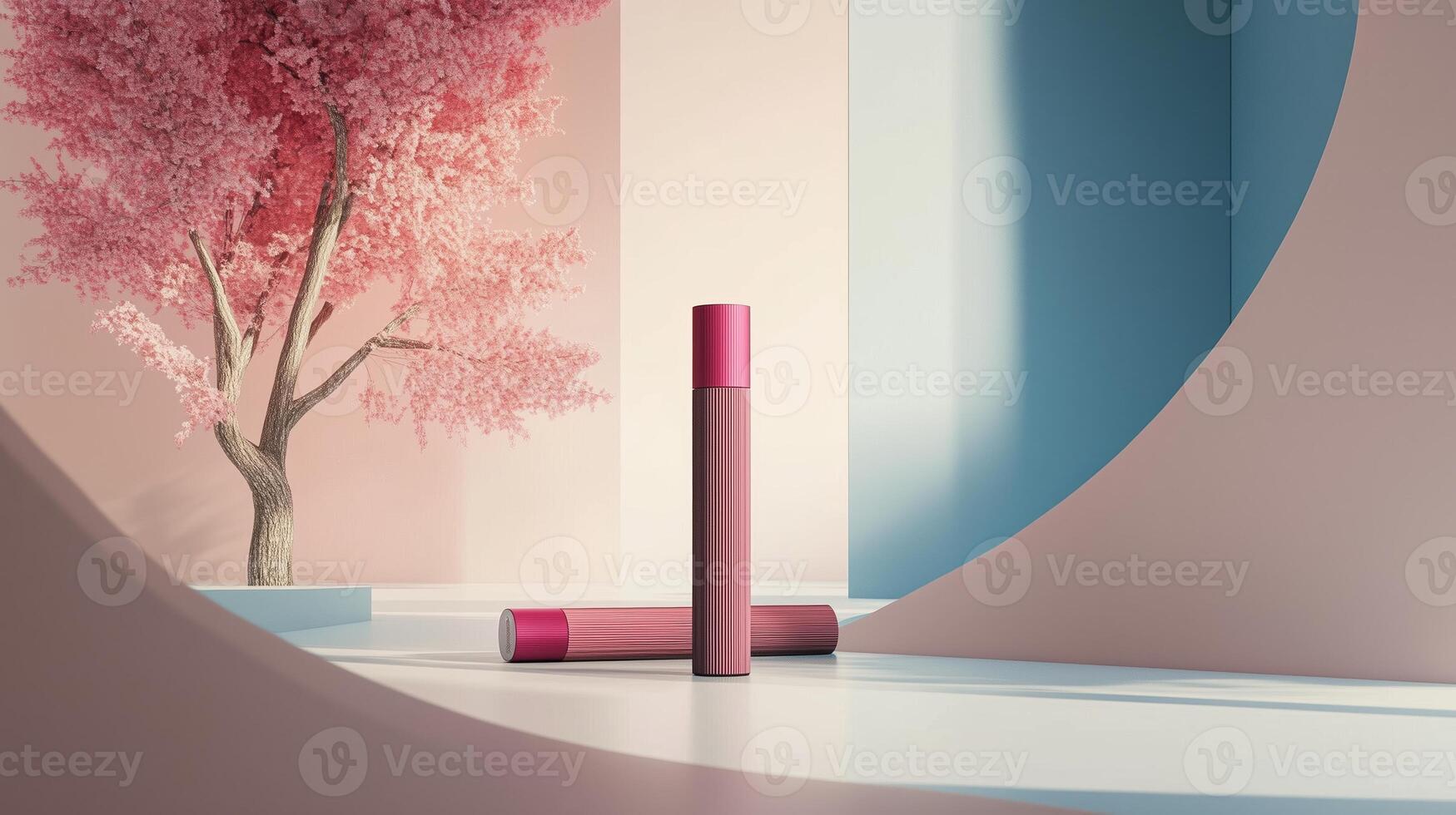 Stylish beauty product displayed in a minimalist setting with pastel colors and a vibrant tree during daylight photo