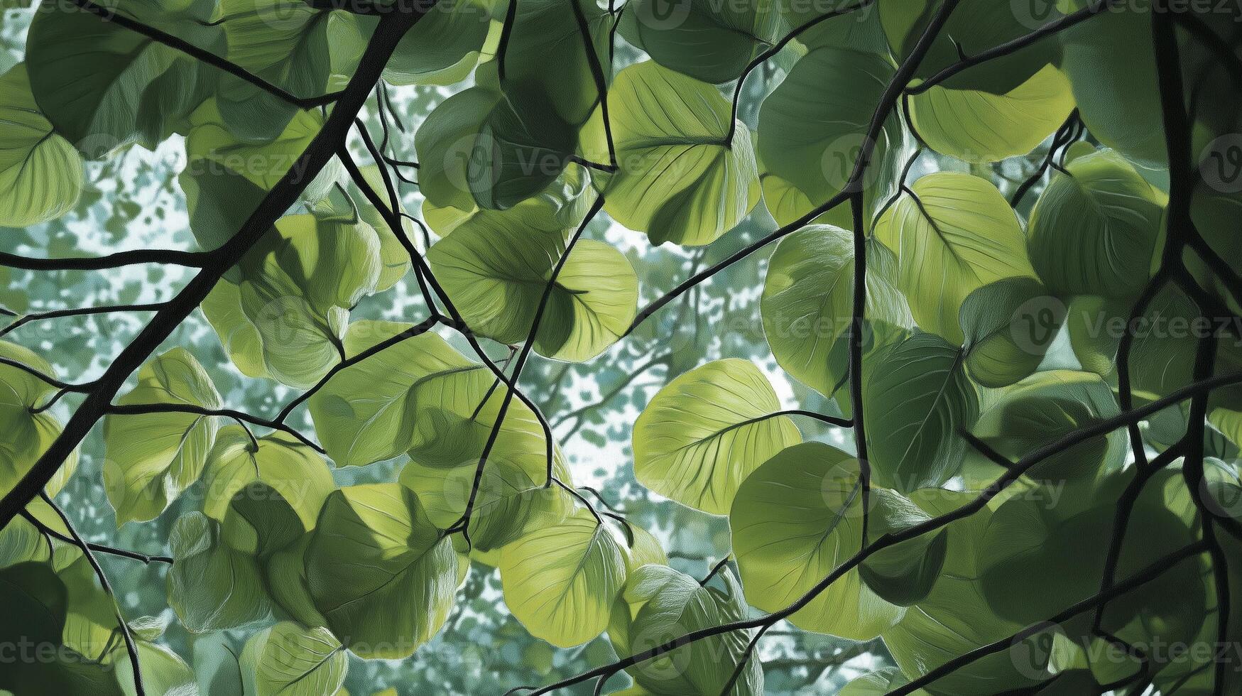 Lush green leaves interwoven in a tranquil forest canopy during bright daylight create a serene and calming natural atmosphere photo