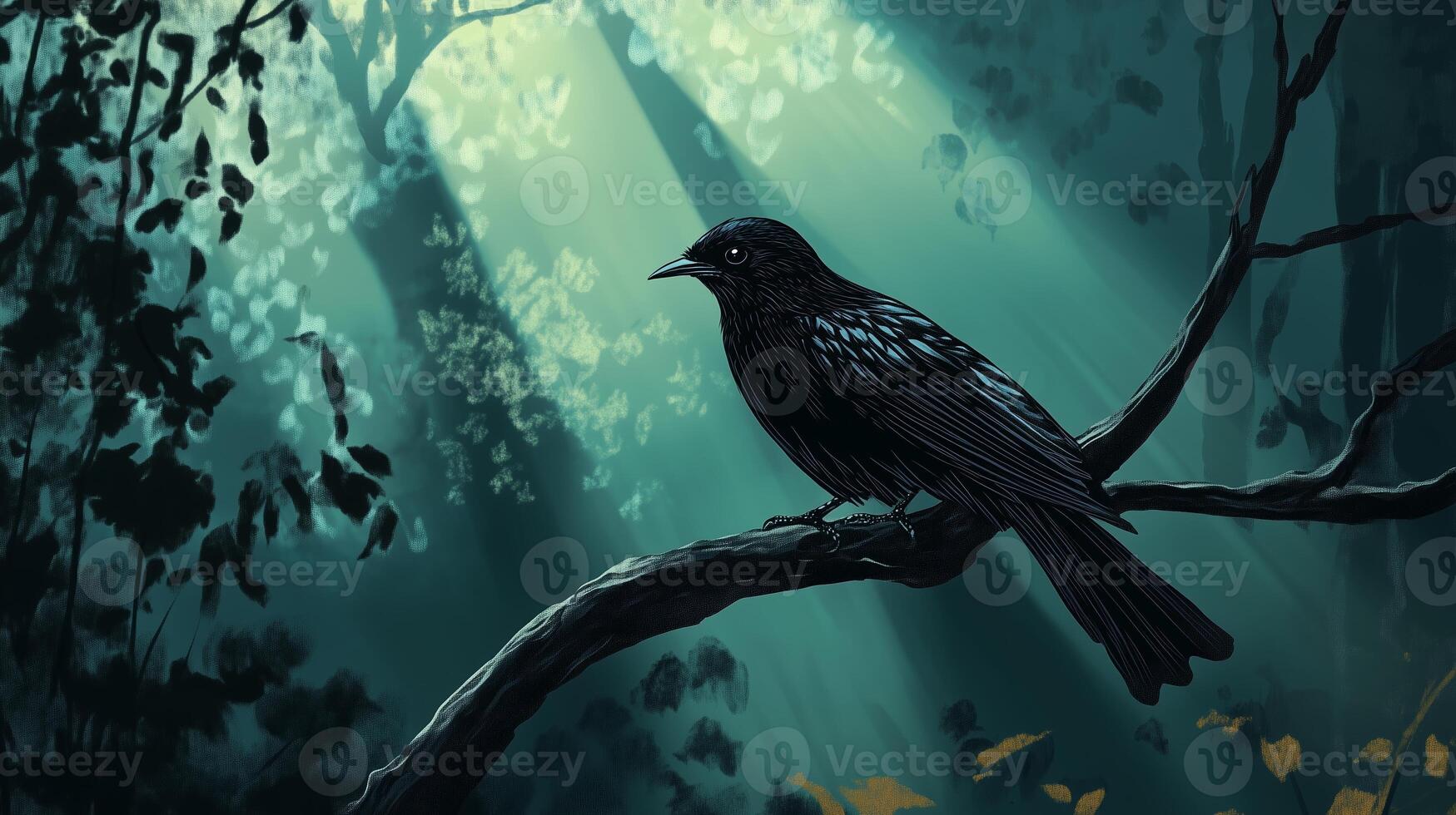 A solitary black bird perched on a branch in a sunlit forest, surrounded by dappled light and greenery during the early morning hours photo
