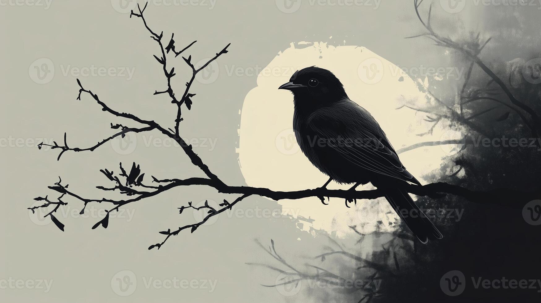 A silhouetted bird perched on a bare branch against a glowing moonlit background in a tranquil nighttime setting photo
