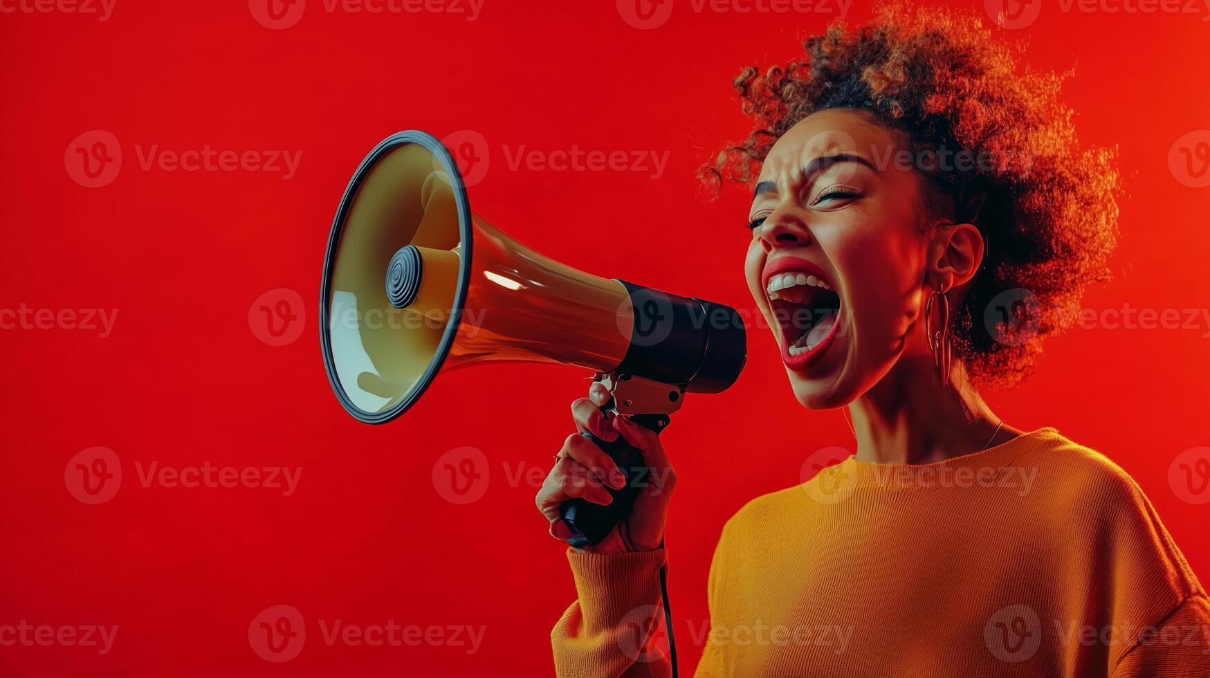 A woman passionately shouting into a megaphone against a vibrant red background during a spirited demonstration or rally photo
