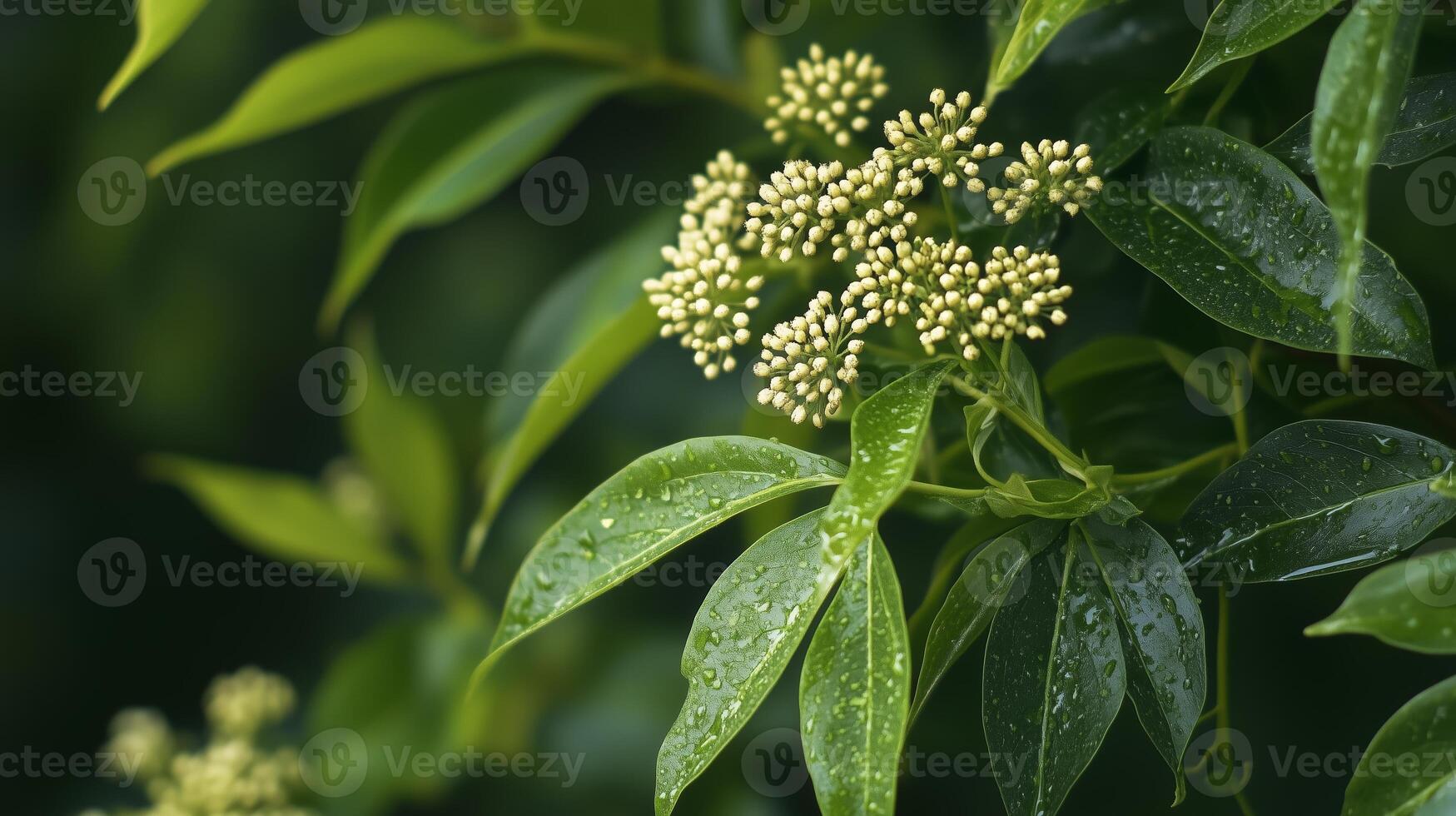 Fresh green leaves with raindrops and budding flowers in a lush garden during early morning photo
