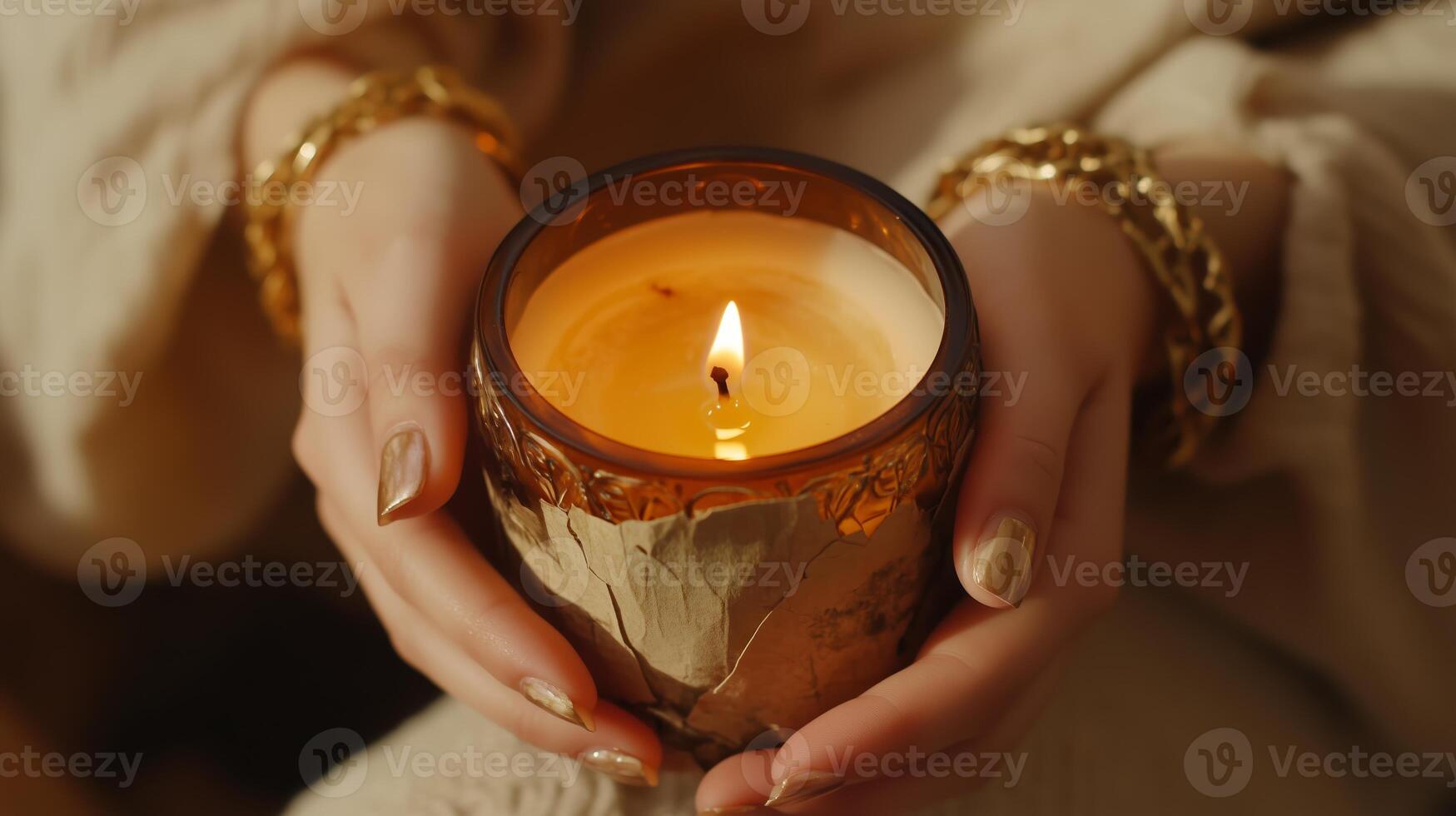 A woman holds a lit candle with a warm glow, showcasing a cozy atmosphere on a serene evening at home photo