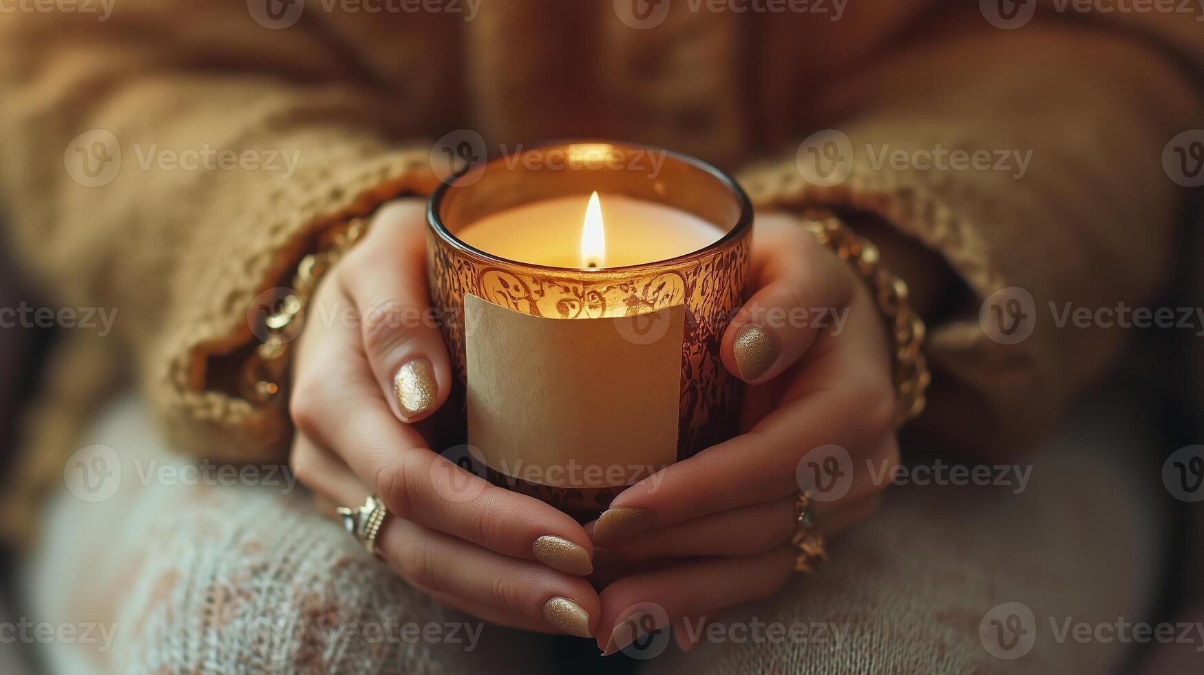 A person holds a beautifully lit candle with an intricate design while seated in a cozy setting, creating a serene atmosphere at dusk photo