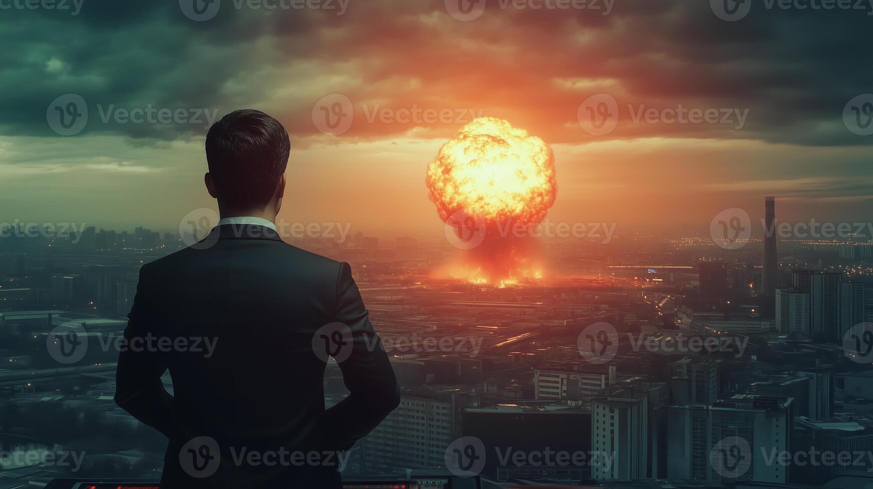 A man in a suit watches a massive explosion over a city skyline during twilight, capturing a moment of destruction and chaos photo