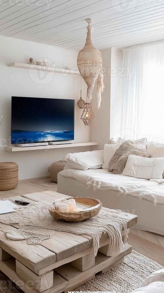 Bright and airy living room featuring a cozy seating area with a minimalist design and a large television displaying a scenic view photo