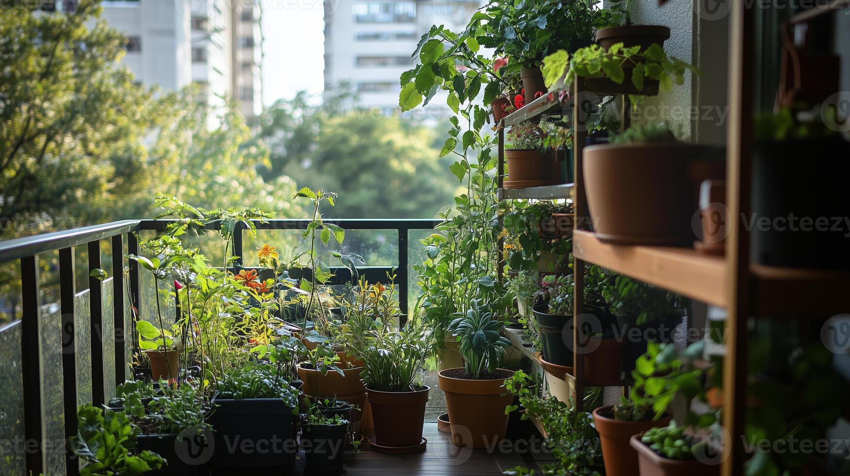 A vibrant balcony garden full of various plants and herbs thriving under bright sunlight in an urban setting photo