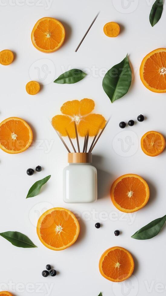 Colorful arrangement of orange slices and decorative reed diffuser on a white background for a vibrant and fresh decor photo