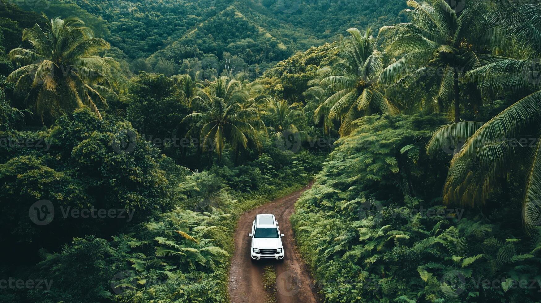 A white SUV navigates a winding dirt road through a lush green jungle surrounded by tall palm trees on a bright sunny day photo