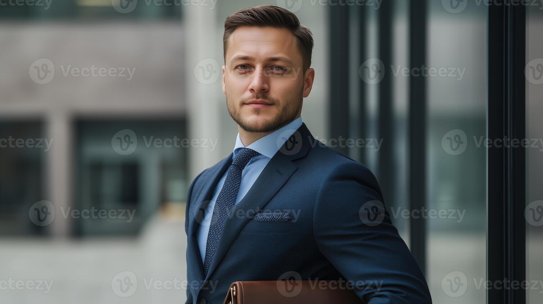A confident business professional posing outdoors in formal attire near a modern office building in the afternoon sun photo