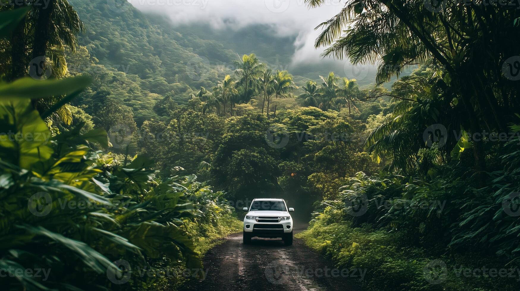 An adventurous SUV navigating a lush rainforest road surrounded by tropical foliage during a misty morning photo