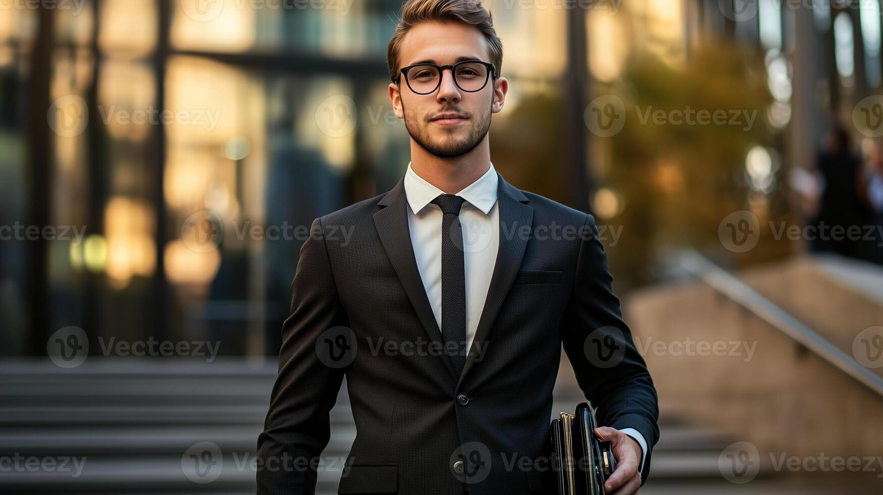 A young man in a suit carrying a laptop bag walks confidently outside a modern office building during sunny afternoon hours photo