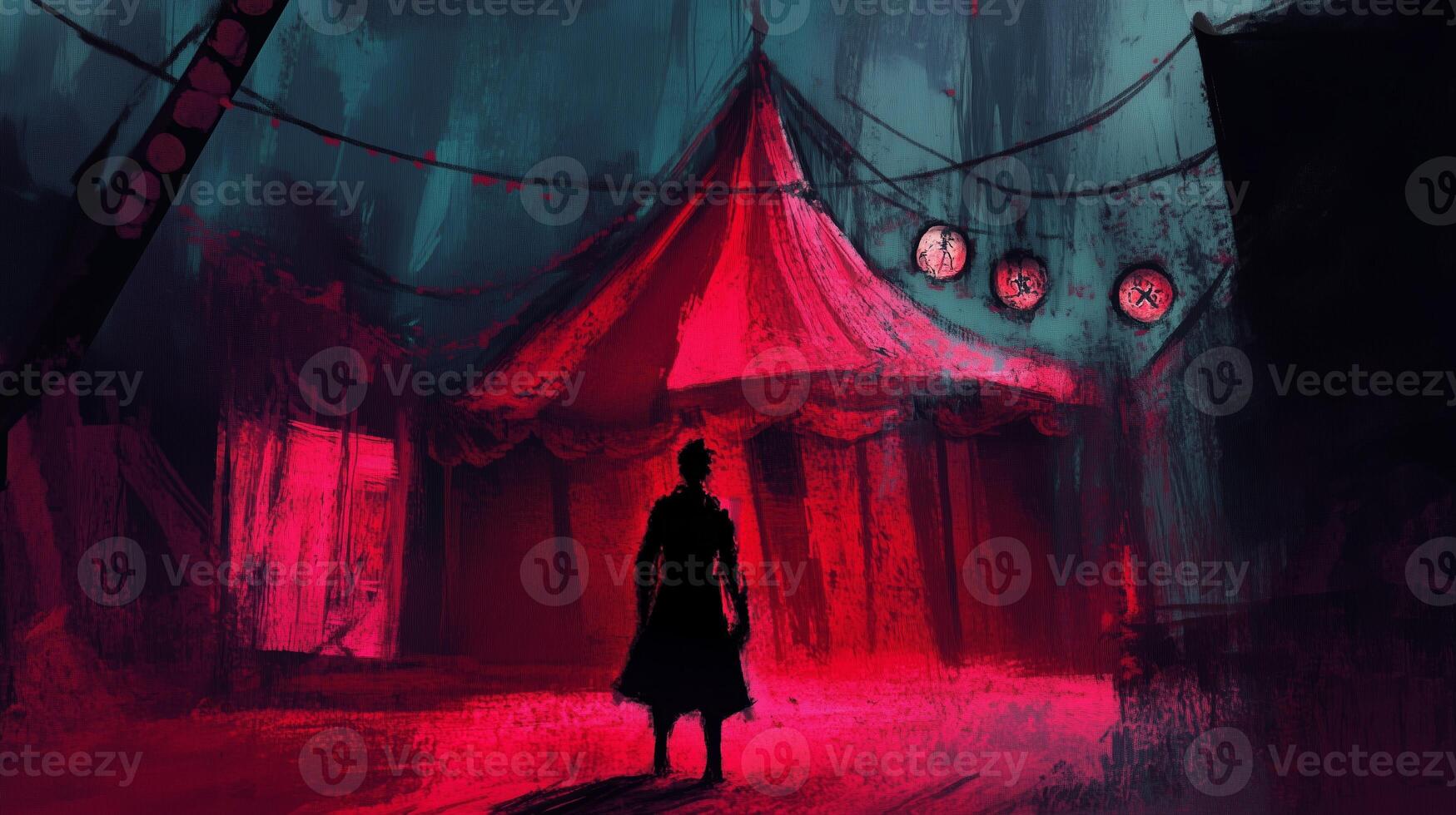 Mysterious figure stands before a vibrant circus tent illuminated by pink lights in an eerie, shadowy landscape at dusk photo