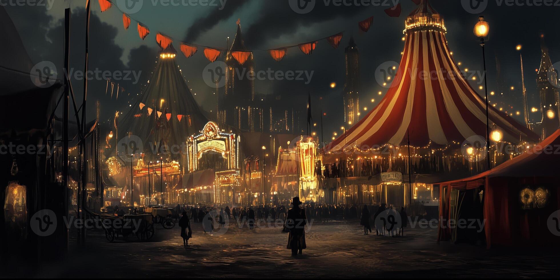 A vibrant evening at a bustling carnival featuring colorful tents and lively crowds against a night sky in a historic setting photo