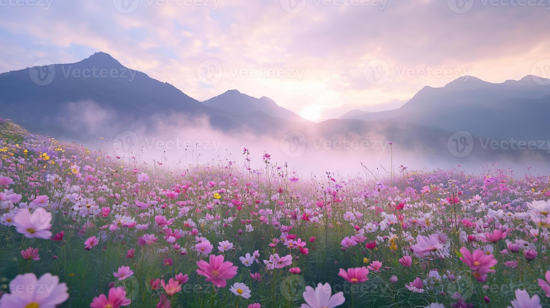 A breathtaking view of a vibrant flower field at dawn with mist and mountains in the background photo