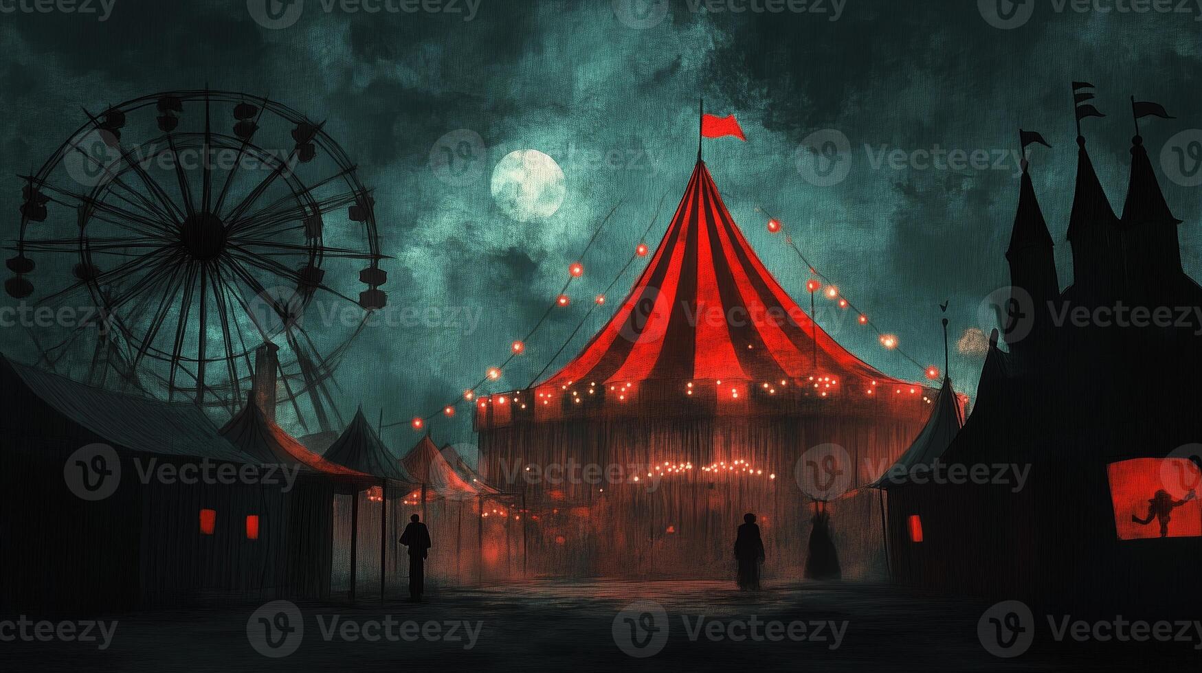 A mysterious carnival at night featuring a large red-striped tent and a silhouetted Ferris wheel under a glowing full moon photo