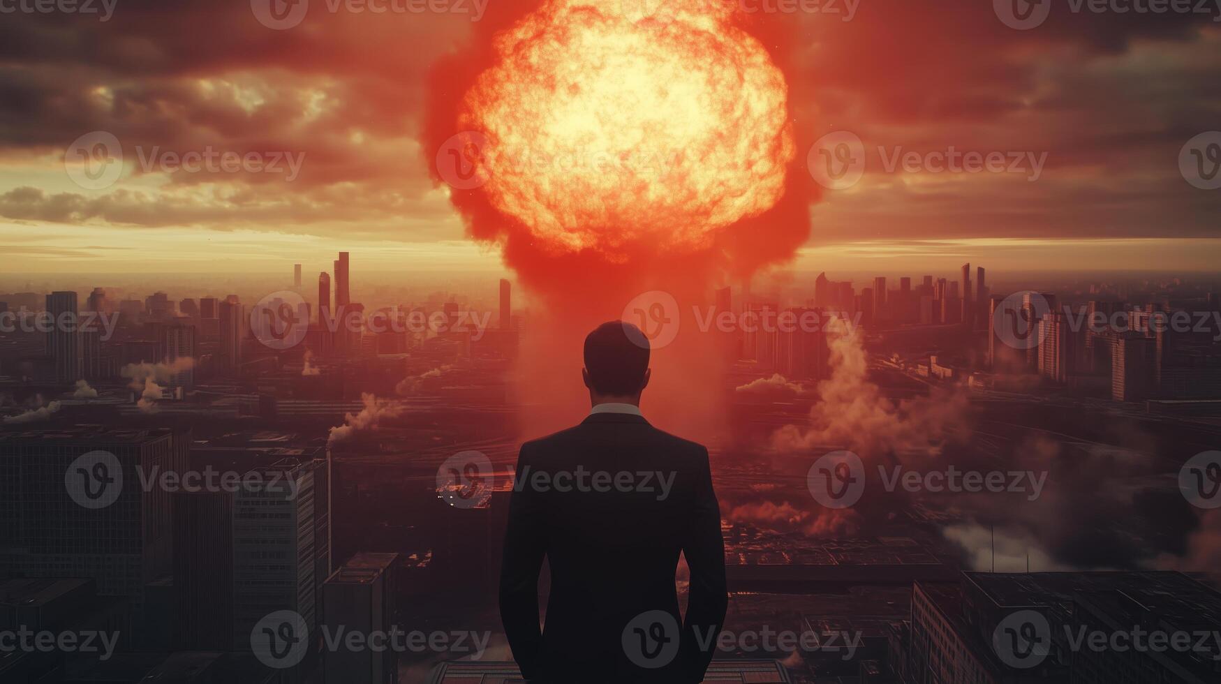 A man gazes at a fiery explosion engulfing the skyline during an apocalyptic sunset in a bustling city landscape photo