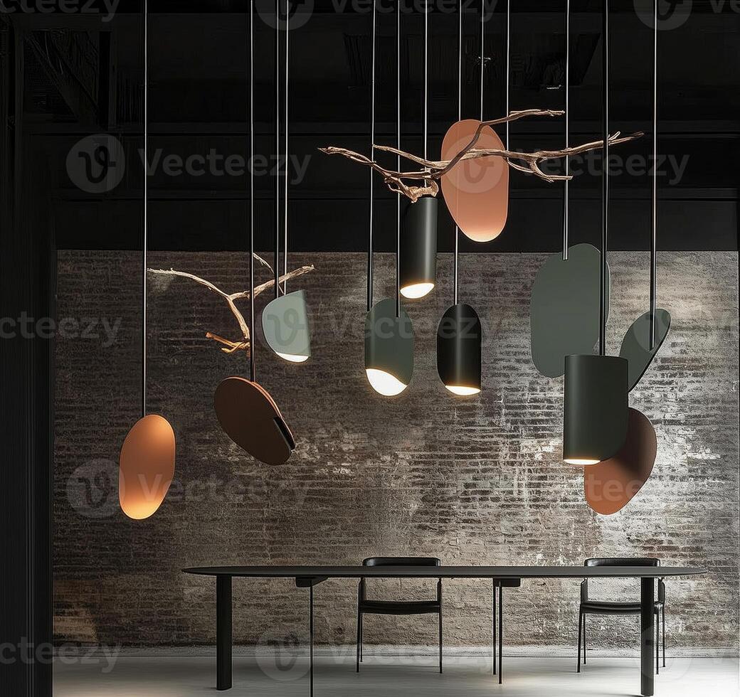 Modern pendant lighting design featuring organic shapes and natural elements in a minimalist dining space photo