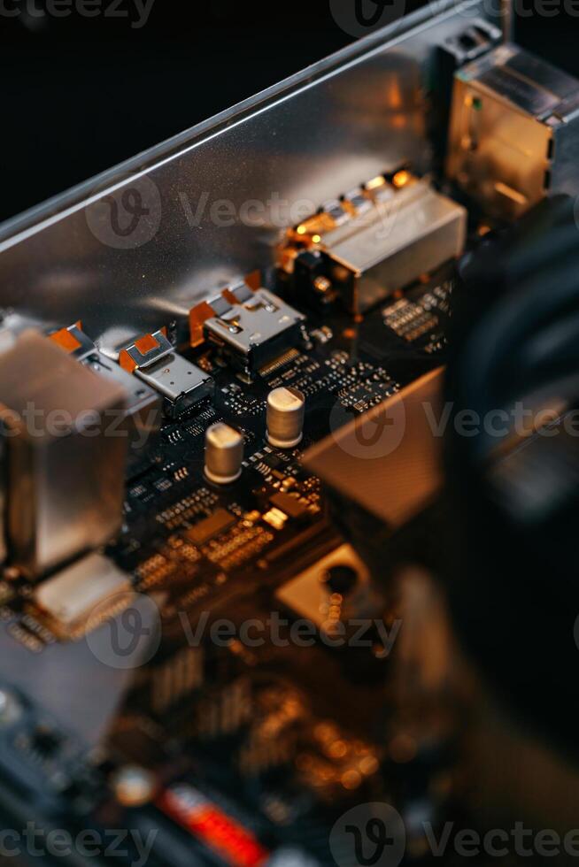 Computer part circuit board close up photo