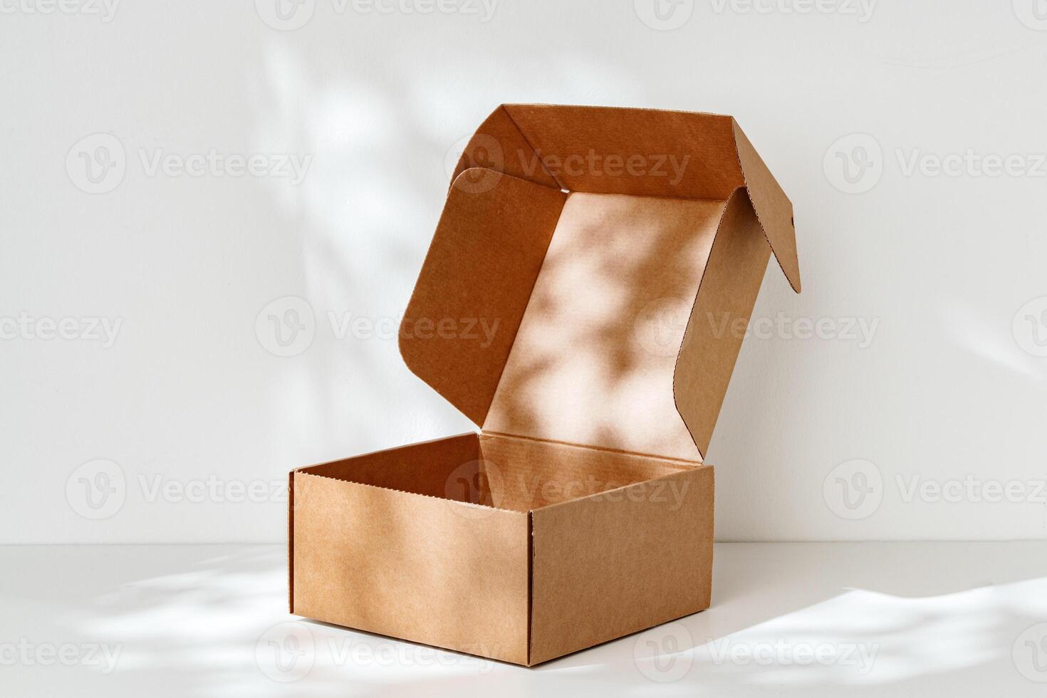 An open cardboard box rests on a bright white surface with soft shadows highlighting its edges and structure in natural light photo