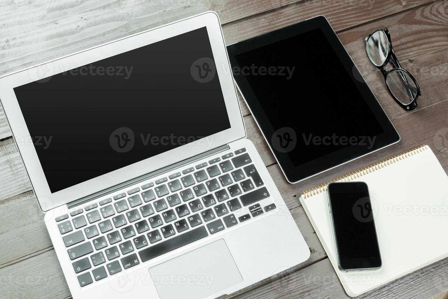 Working place, wooden table photo