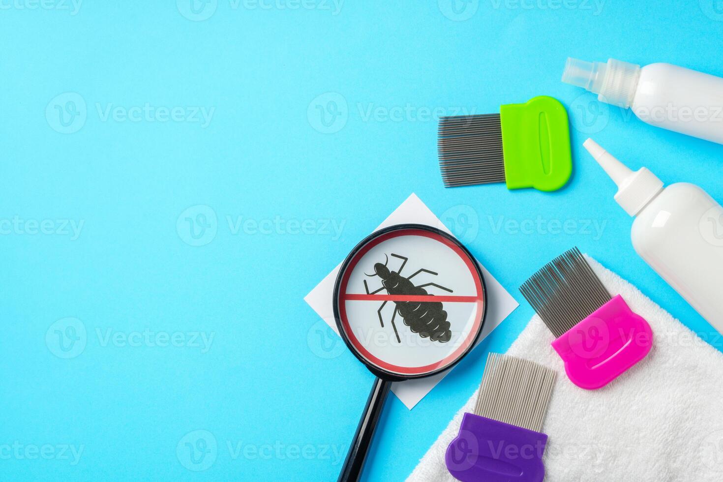 Anti lice equipment on blue background top view photo