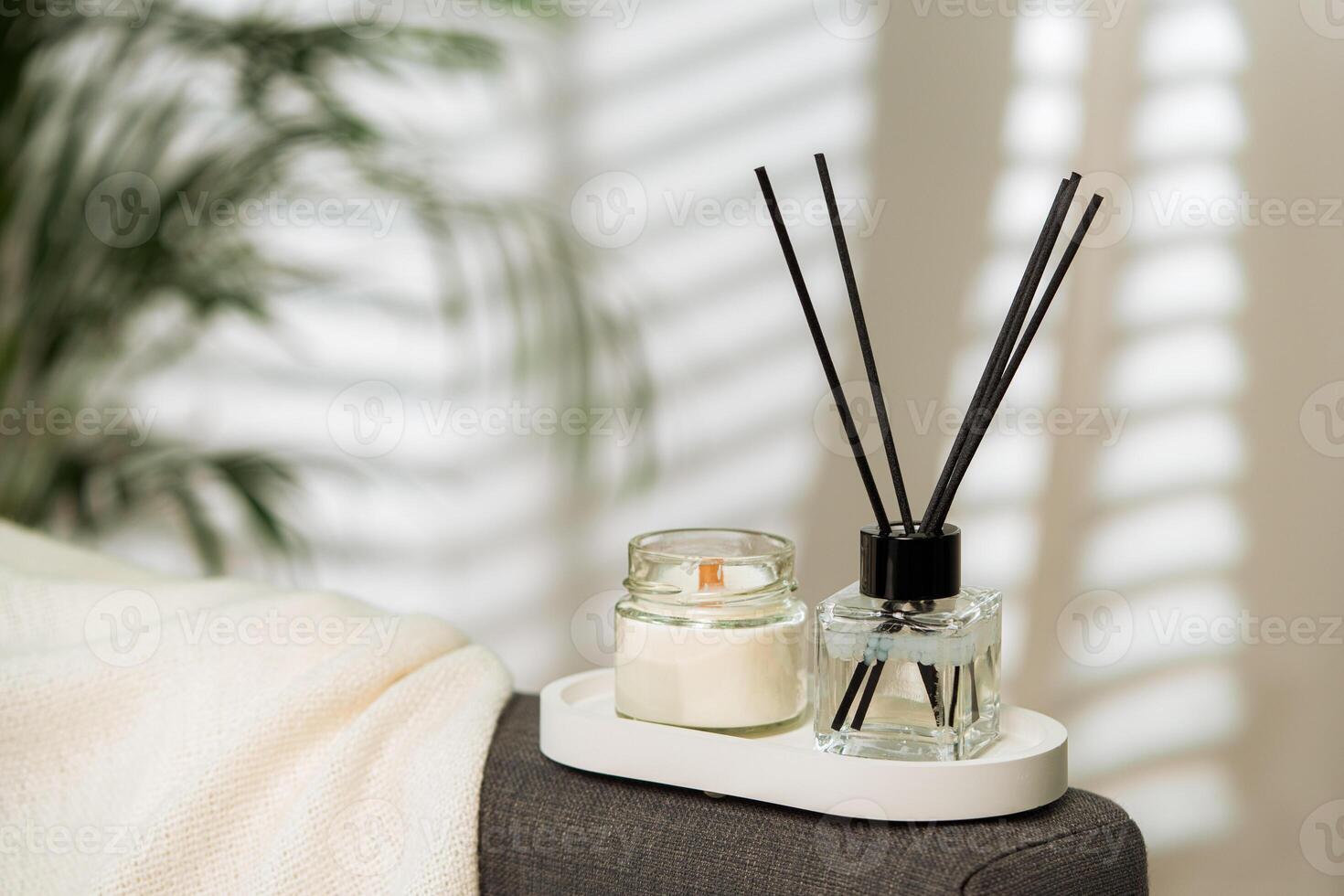 Aroma diffuser bottle with sticks in living room photo
