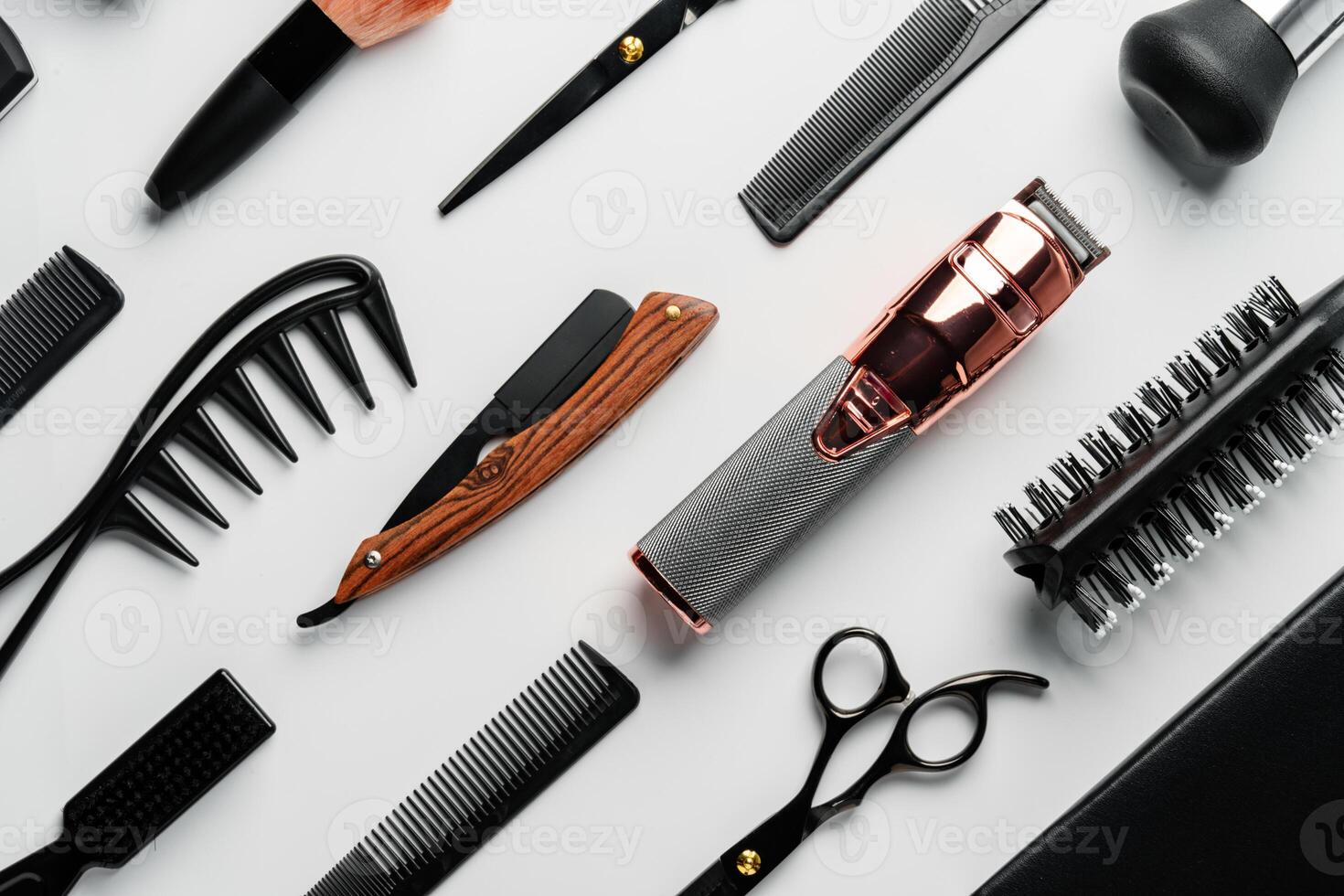 Pattern of various shaving and bauty care accessories for men on gray background photo