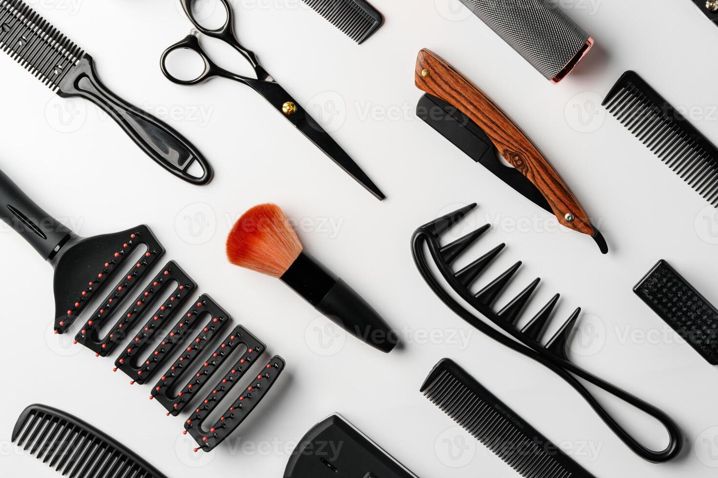 Pattern of various shaving and bauty care accessories for men on gray background photo