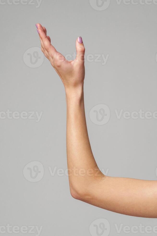 Female hand sign against gray background in studio photo