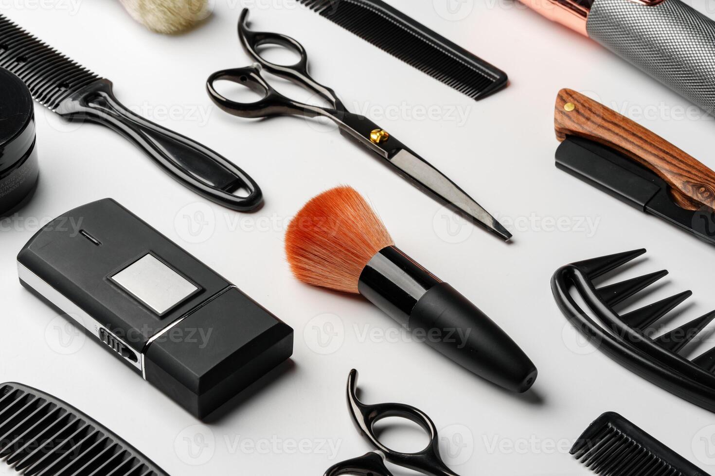 Pattern of various shaving and bauty care accessories for men on gray background photo