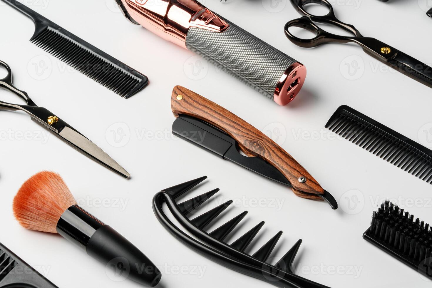 Pattern of various shaving and bauty care accessories for men on gray background photo