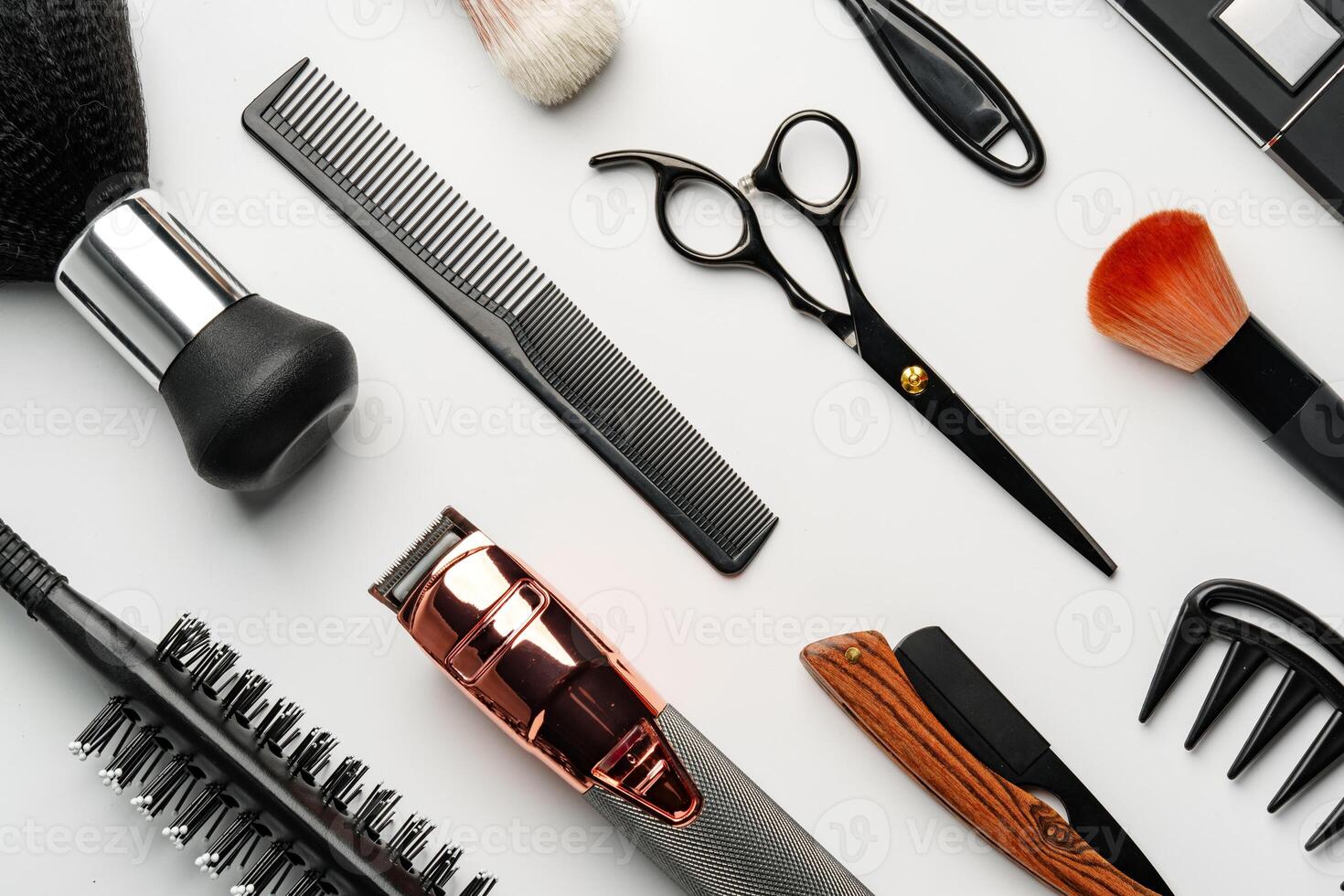 Pattern of various shaving and bauty care accessories for men on gray background photo