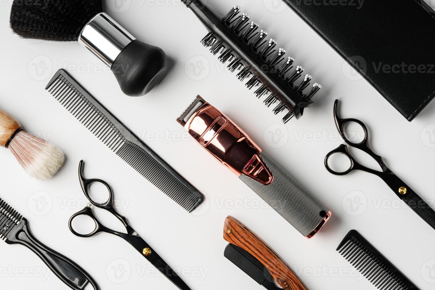 Pattern of various shaving and bauty care accessories for men on gray background photo