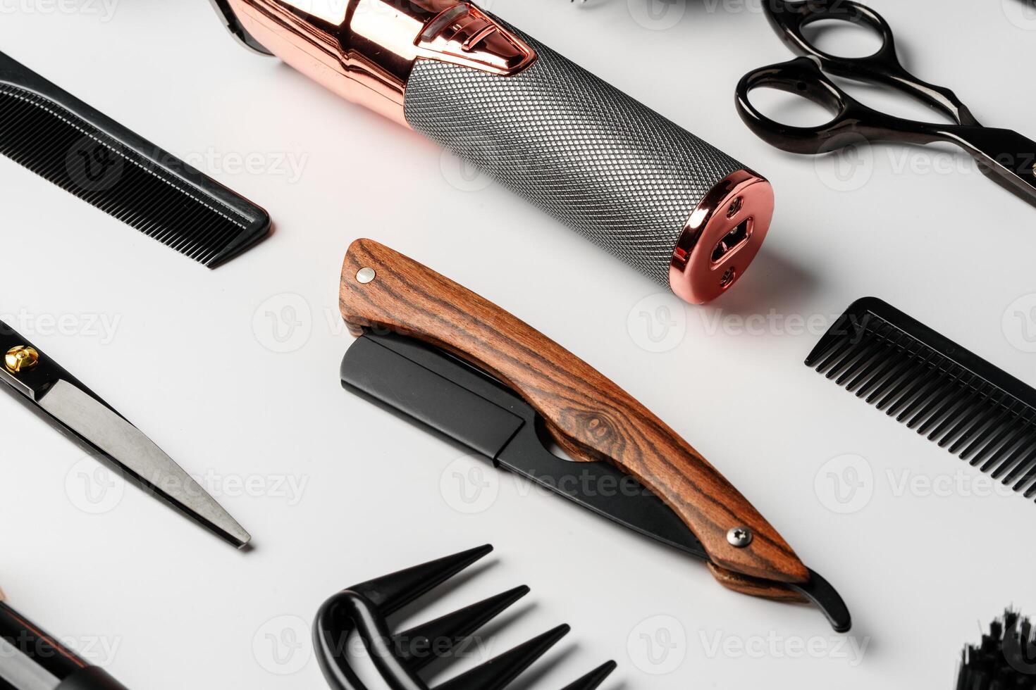 Pattern of various shaving and bauty care accessories for men on gray background photo