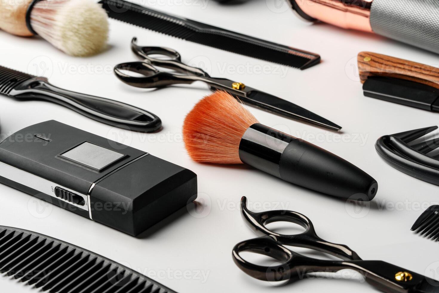 Pattern of various shaving and bauty care accessories for men on gray background photo