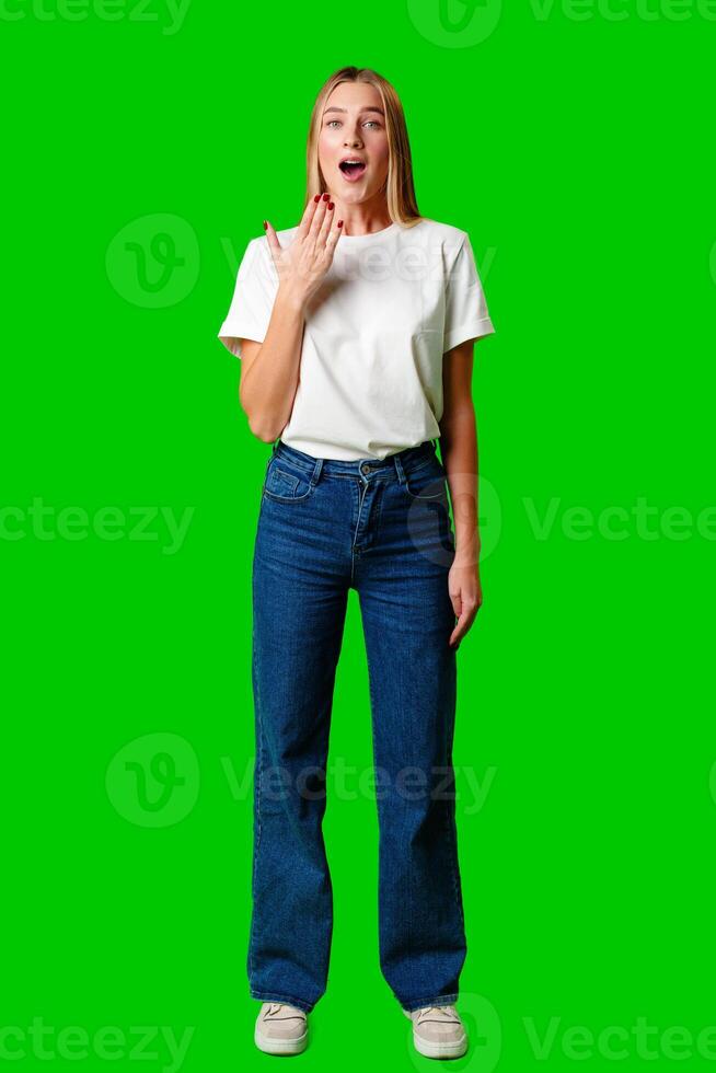 Young Woman in White T-shirt Making a Surprised Face photo
