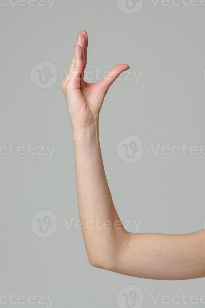 Female hand sign against gray background in studio photo