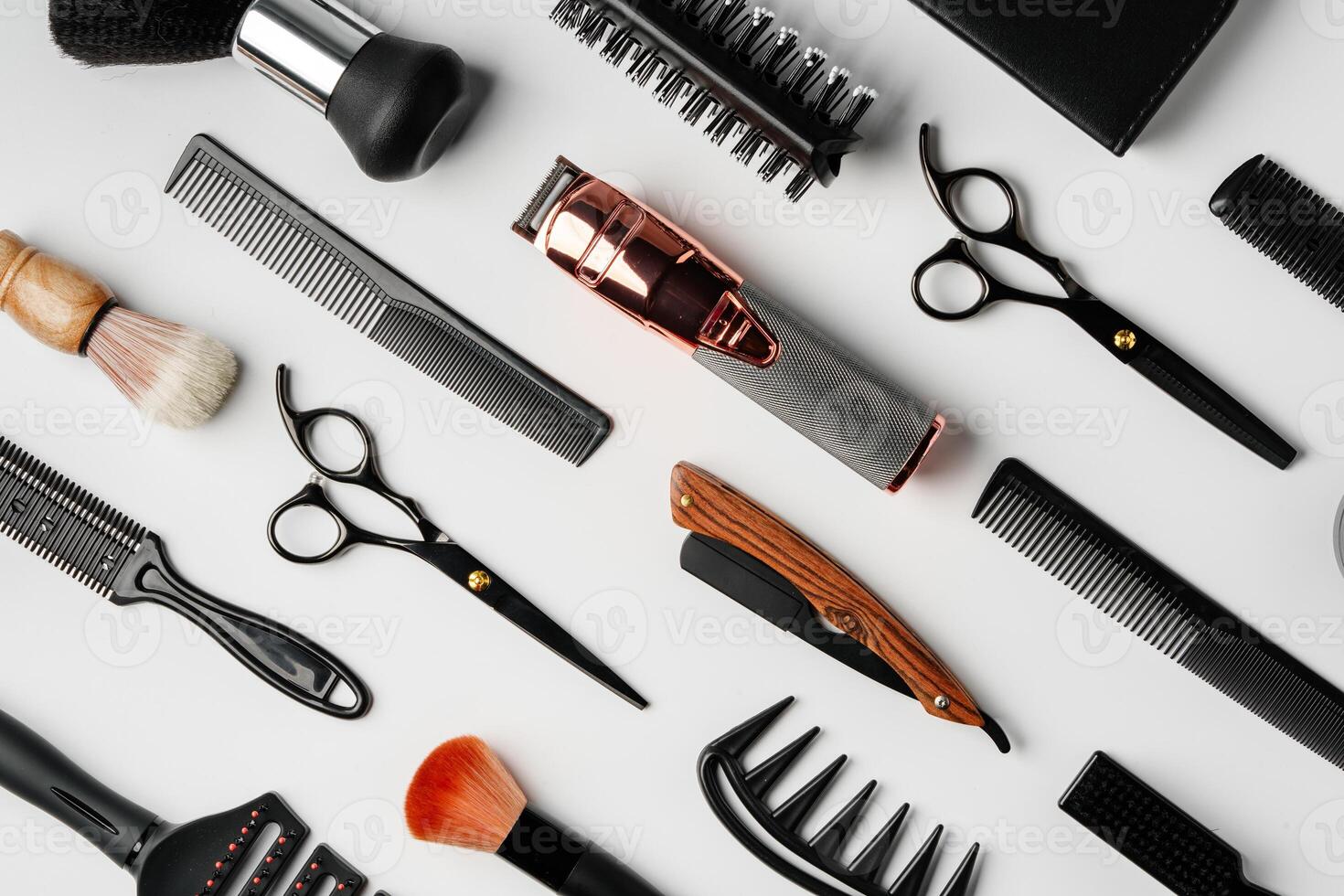 Pattern of various shaving and bauty care accessories for men on gray background photo