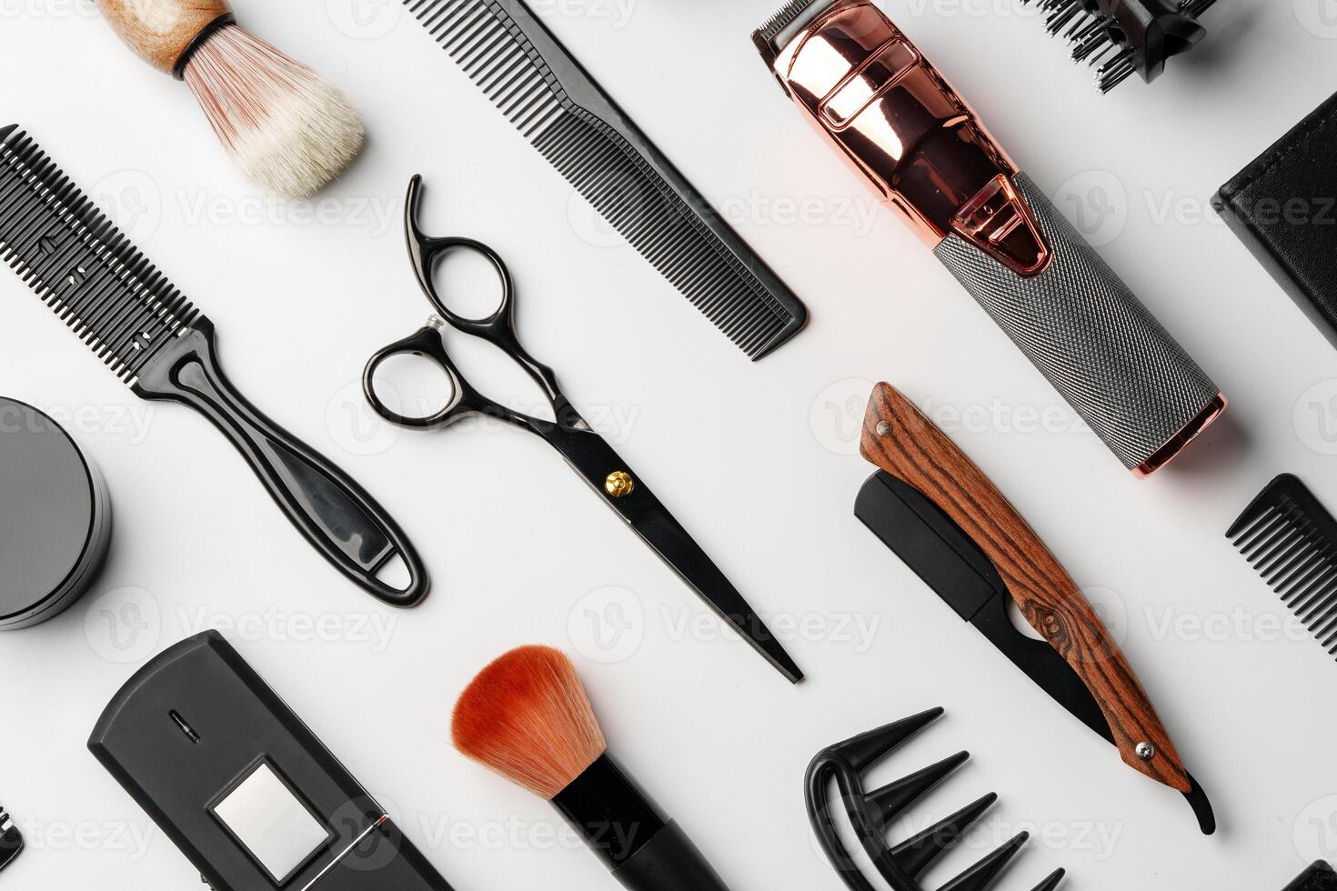 Pattern of various shaving and bauty care accessories for men on gray background photo